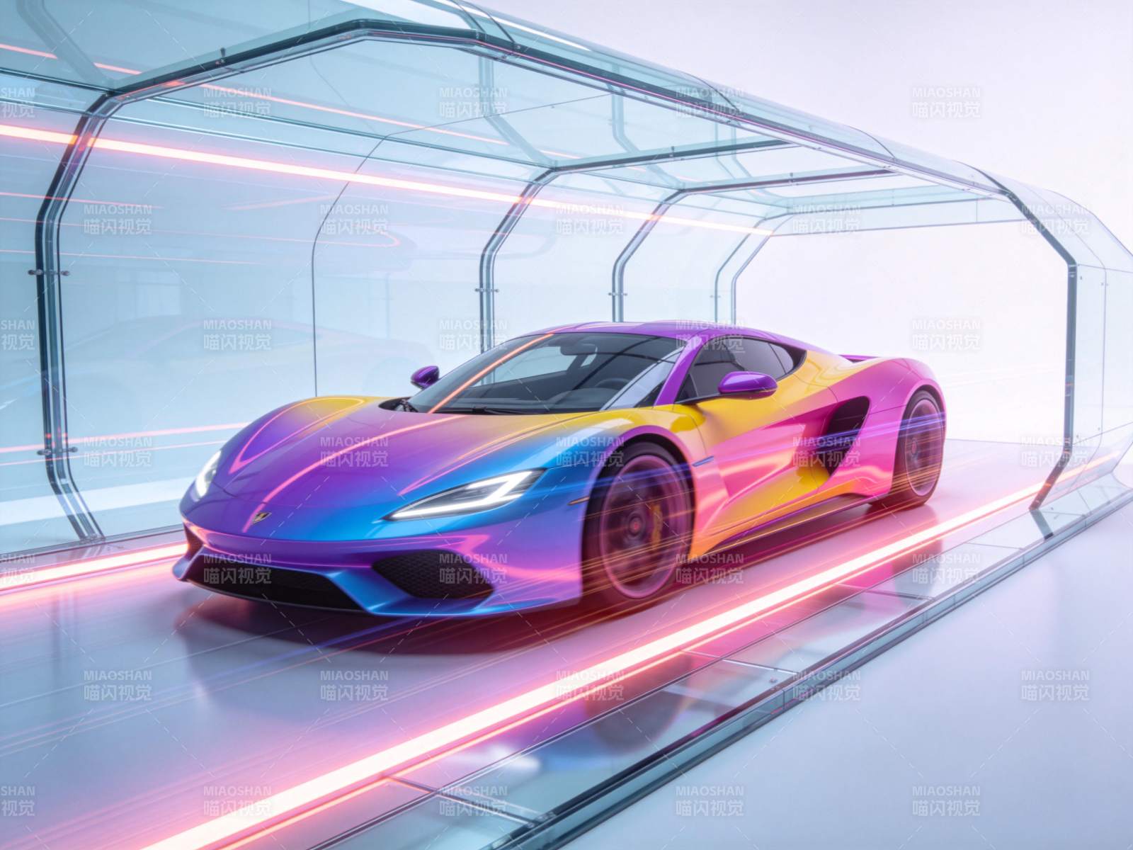 炫彩跑车置于透明隧道内展示图片