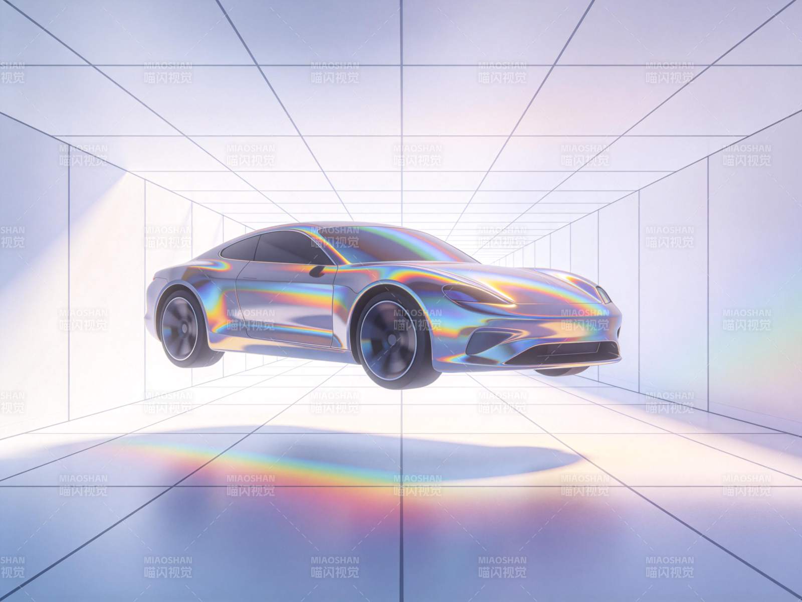 虹彩涂层跑车悬浮于网格空间中展示图片