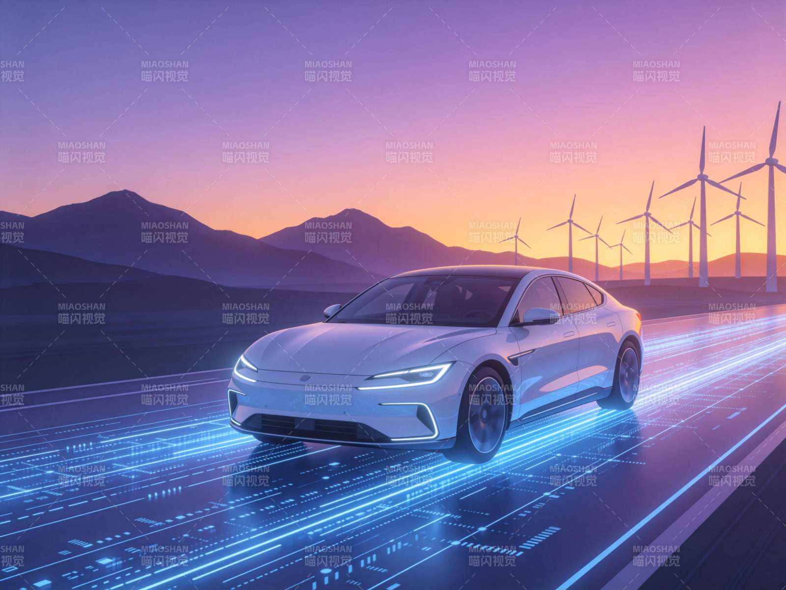 白色电动轿车行驶在科技感发光道路上图片