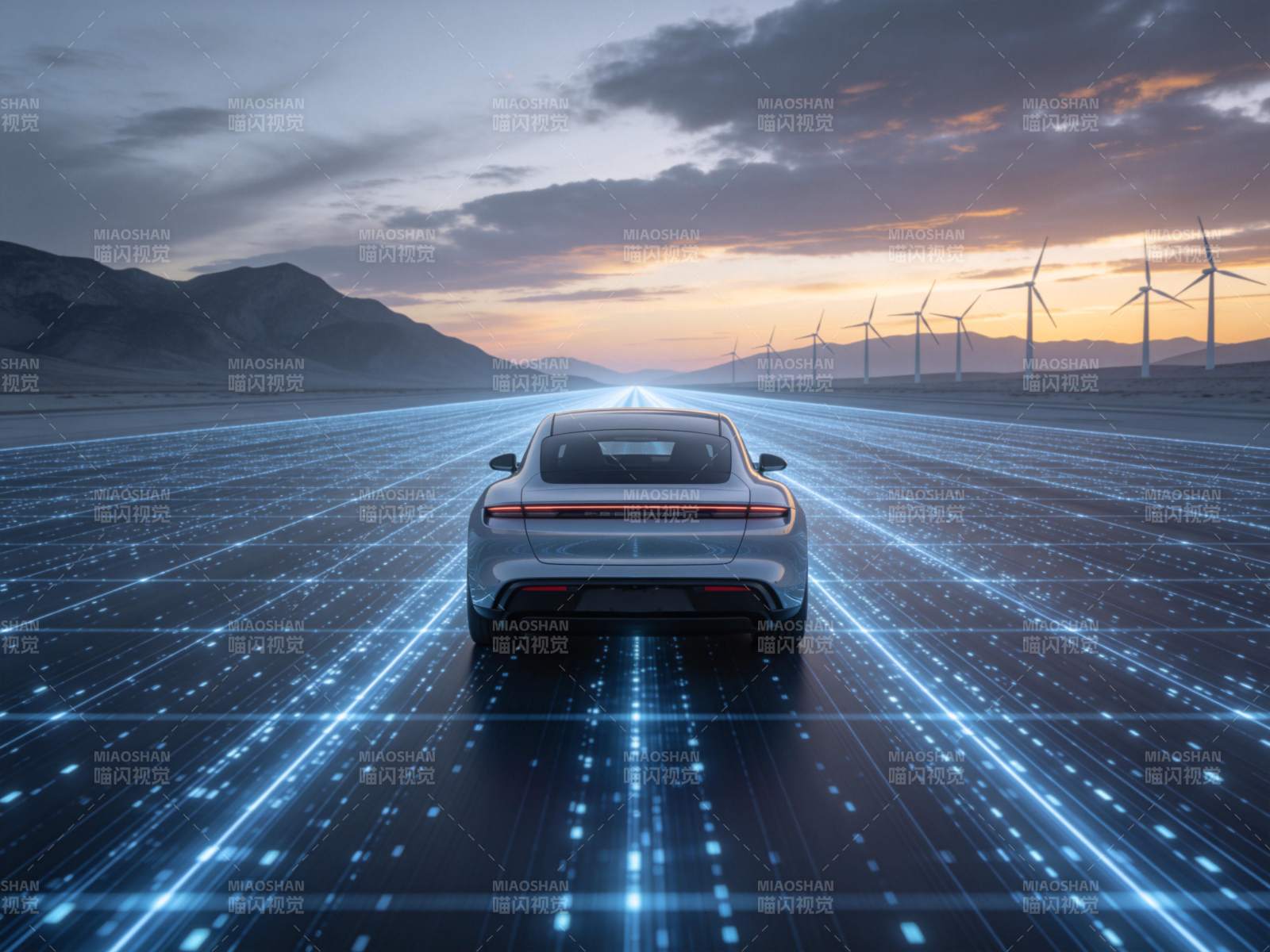 银色电动汽车行驶在数字光轨公路上图片