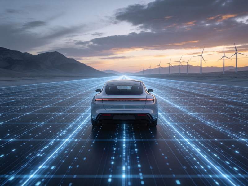 银色电动汽车行驶在数字光轨公路上图片