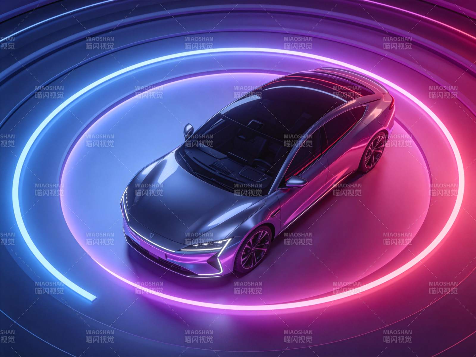 炫彩光圈环绕下的未来感电动轿车展示图片