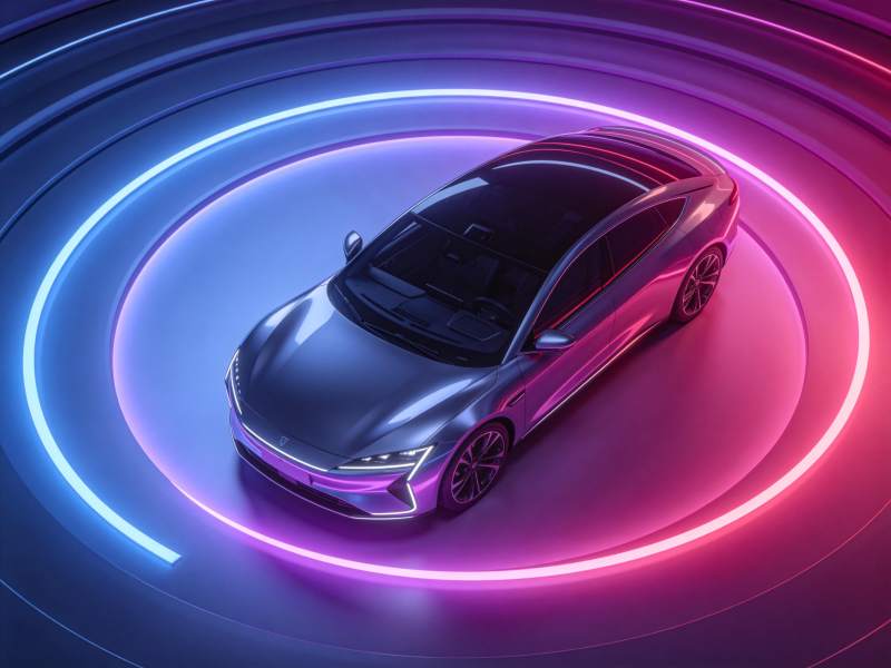 炫彩光圈环绕下的未来感电动轿车展示图片