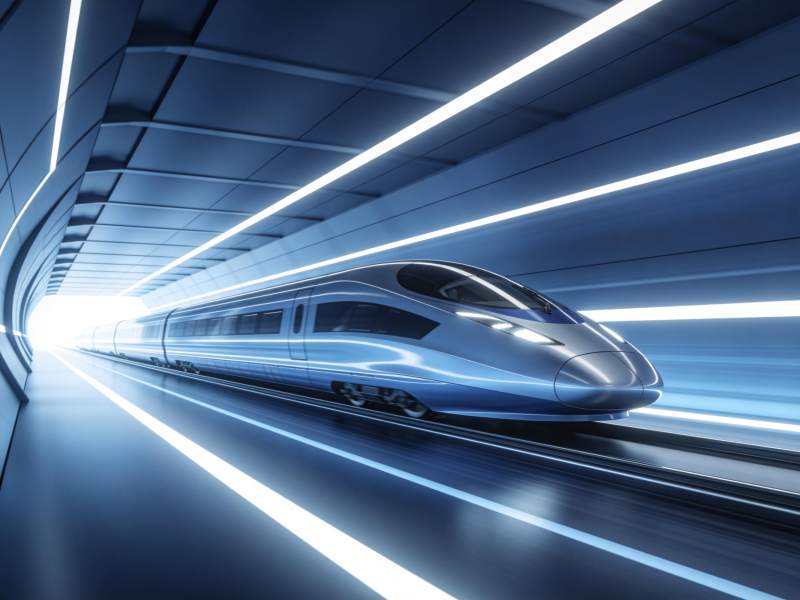 高速列车在发光隧道中疾驰穿行图片