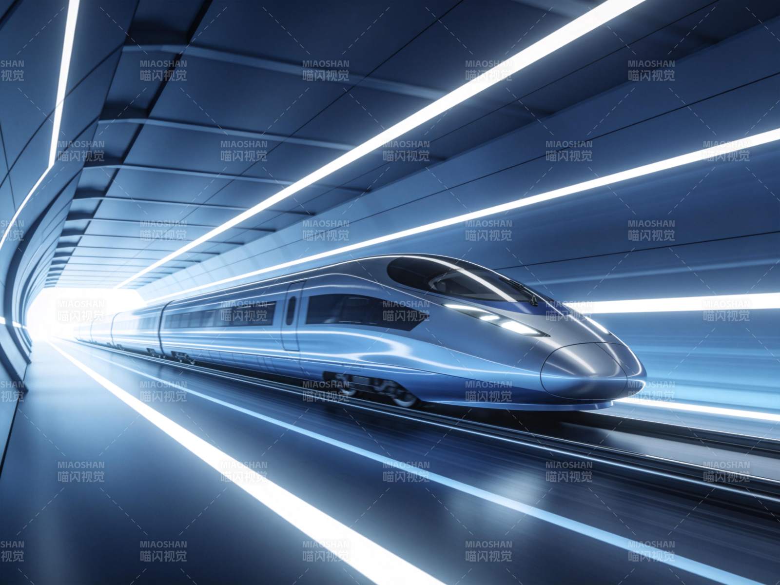 高速列车在发光隧道中疾驰穿行图片