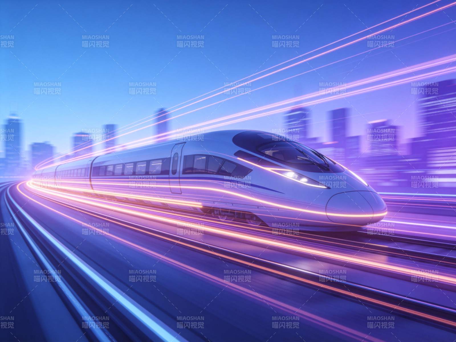 高速列车在城市夜景中疾驰而过图片