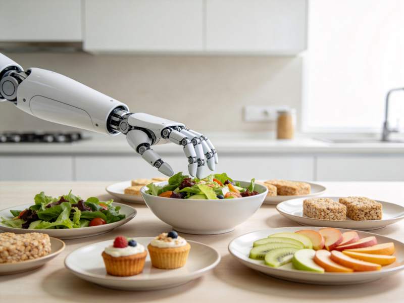 机械臂在厨房中准备沙拉与健康餐点图片