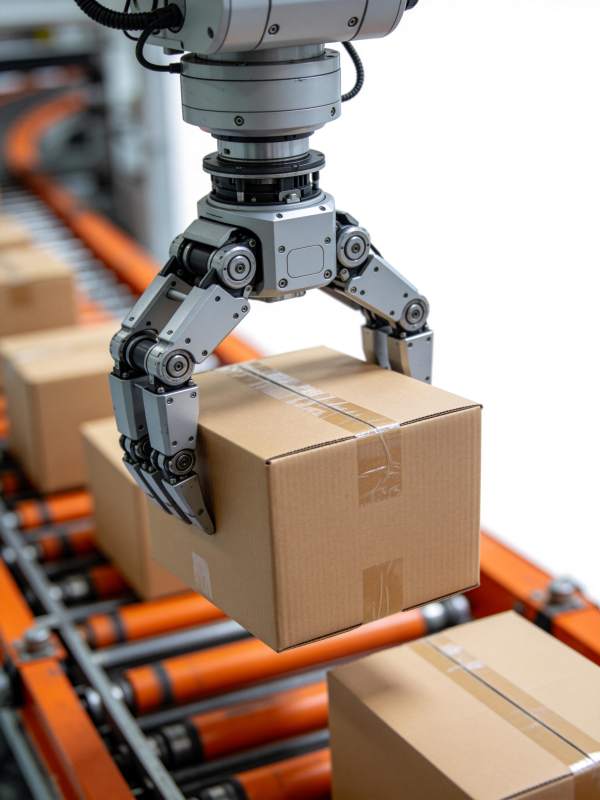 工业机械臂抓取纸箱作业场景图片