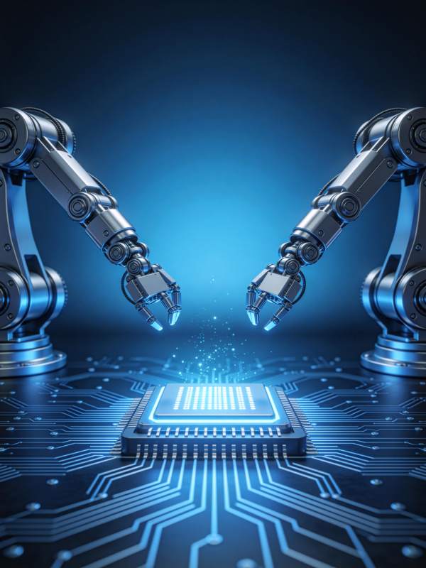 机械臂对称操作芯片电路板科技场景图片