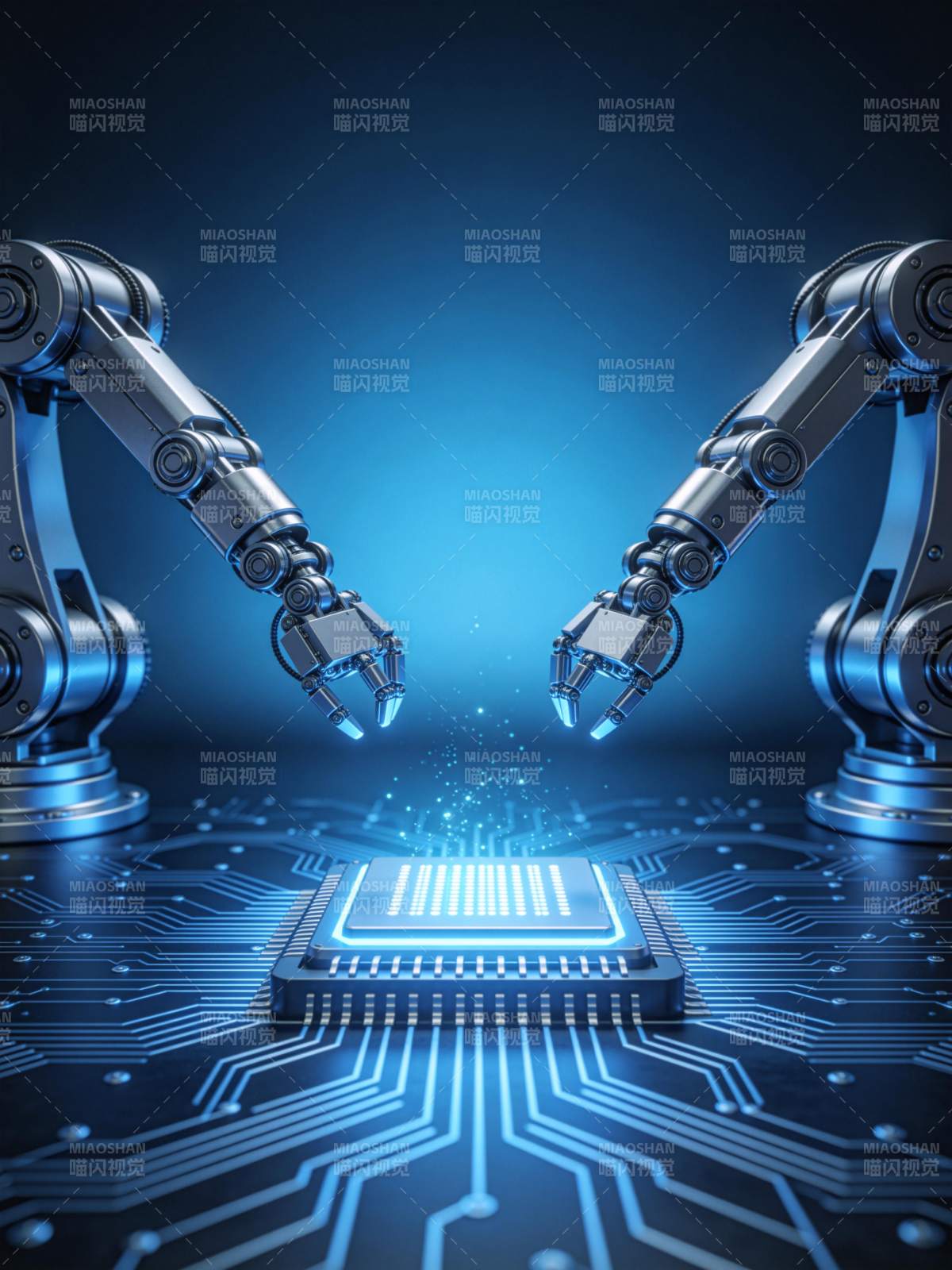 机械臂对称操作芯片电路板科技场景图片