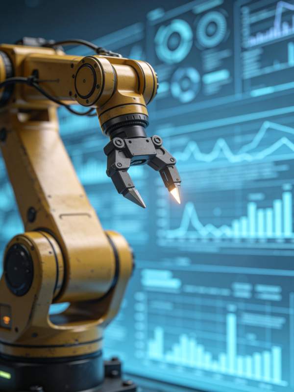 黄色工业机械臂在数据屏幕前作业图片