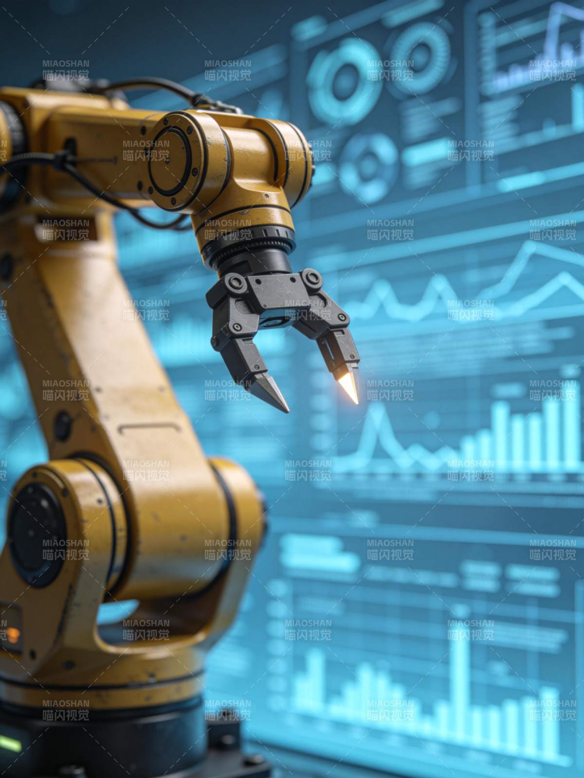 黄色工业机械臂在数据屏幕前作业图片