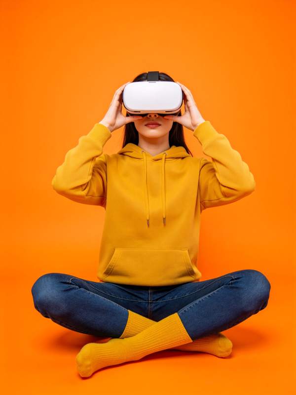 女子盘坐佩戴白色VR头显体验虚拟现实图片