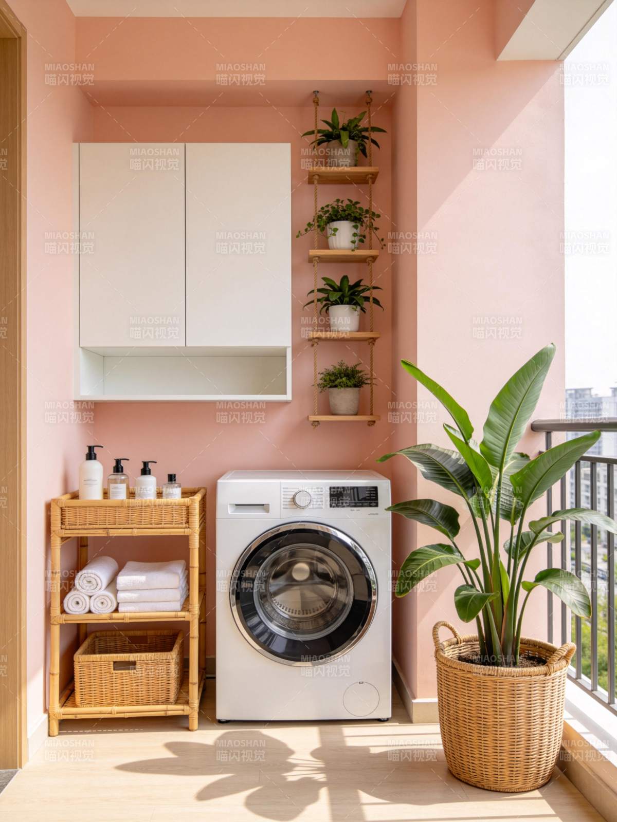 阳台洗衣区布置含洗衣机绿植与收纳架图片