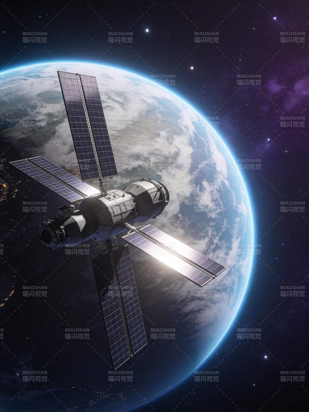 人造卫星环绕地球运行的太空景象图片