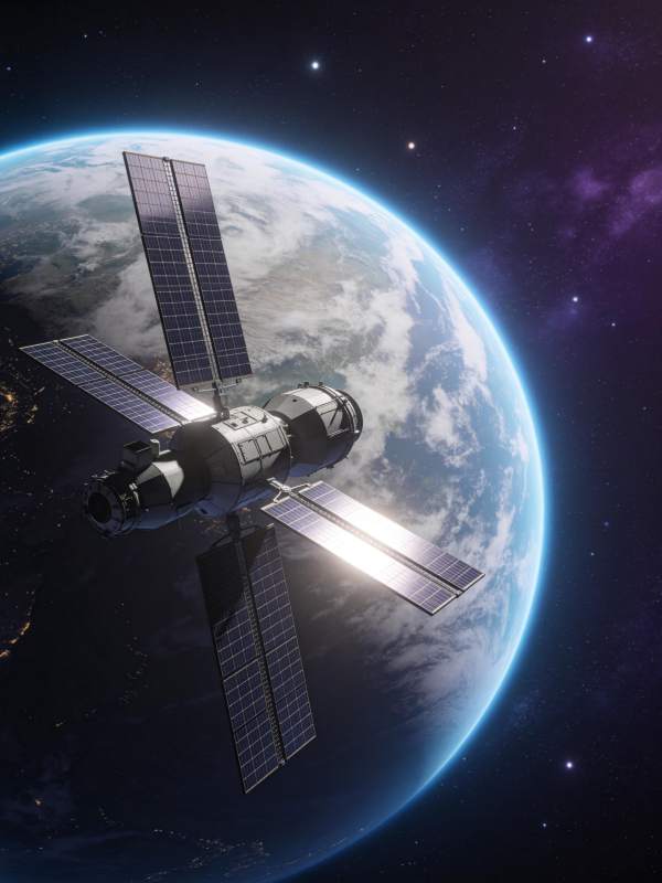 人造卫星环绕地球运行的太空景象图片