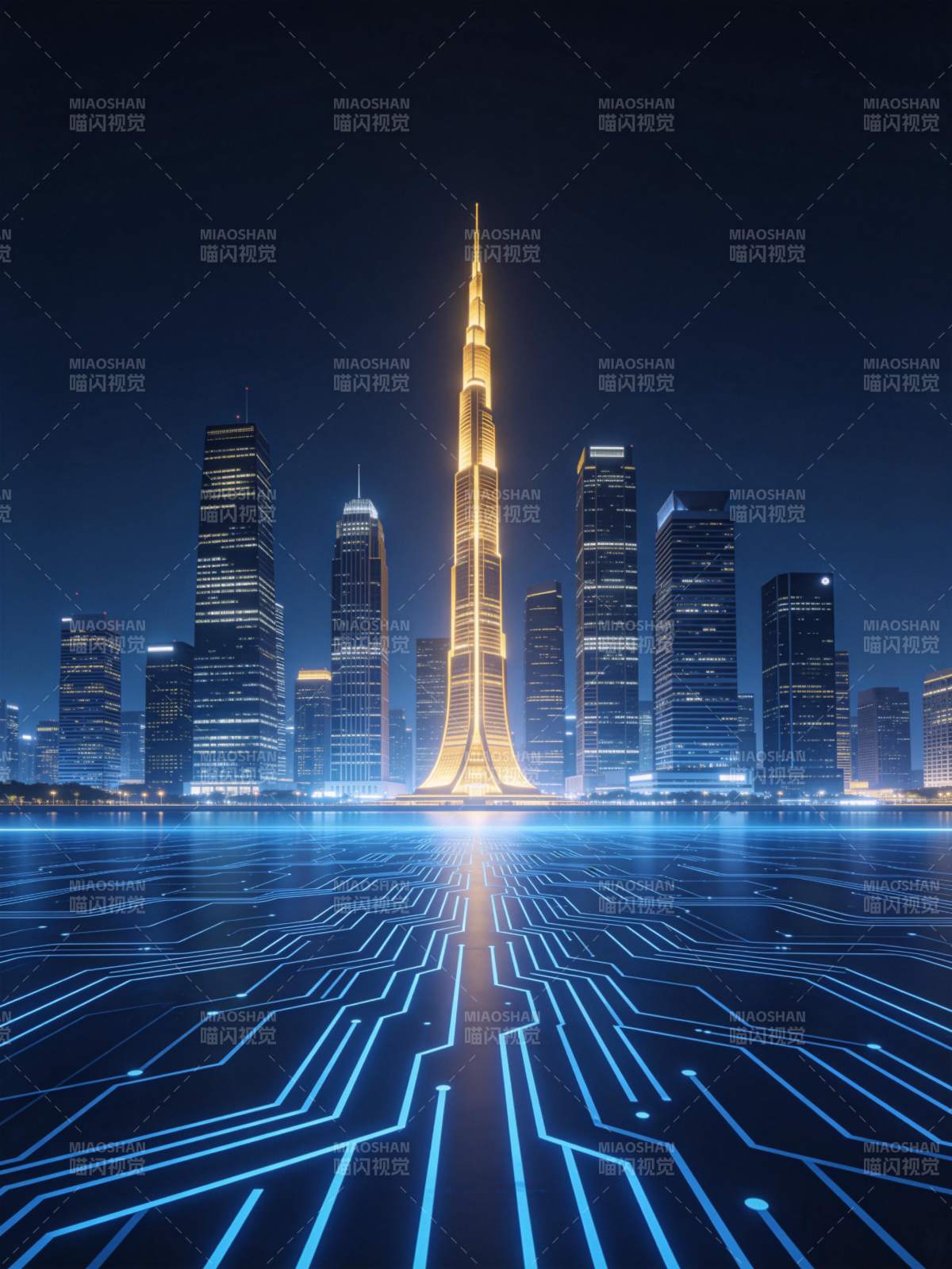 夜景中发光摩天大楼与电路板地面融合景象图片