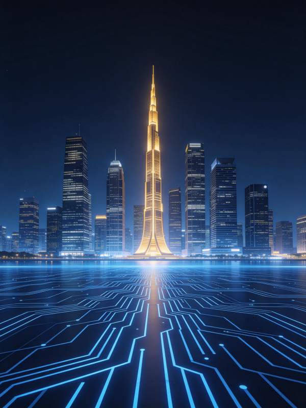 夜景中发光摩天大楼与电路板地面融合景象图片