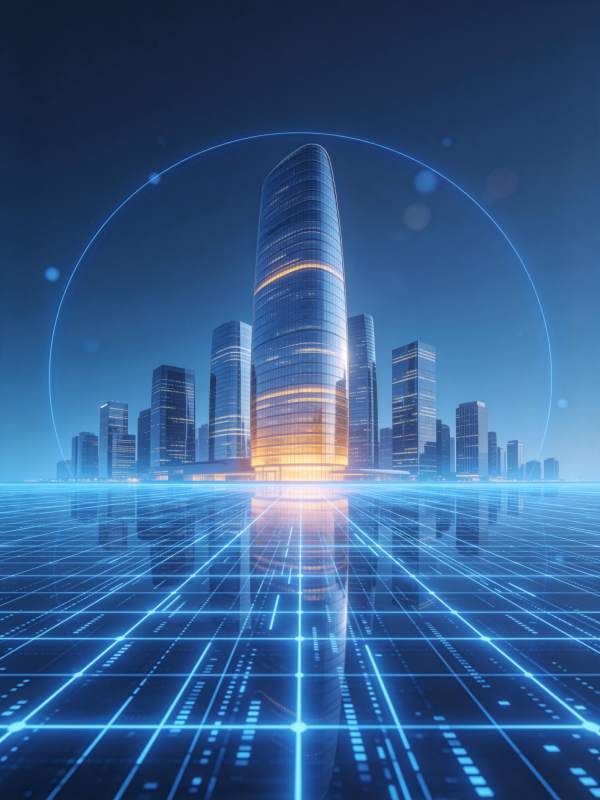 未来科技感城市建筑群与数字网格地面图片