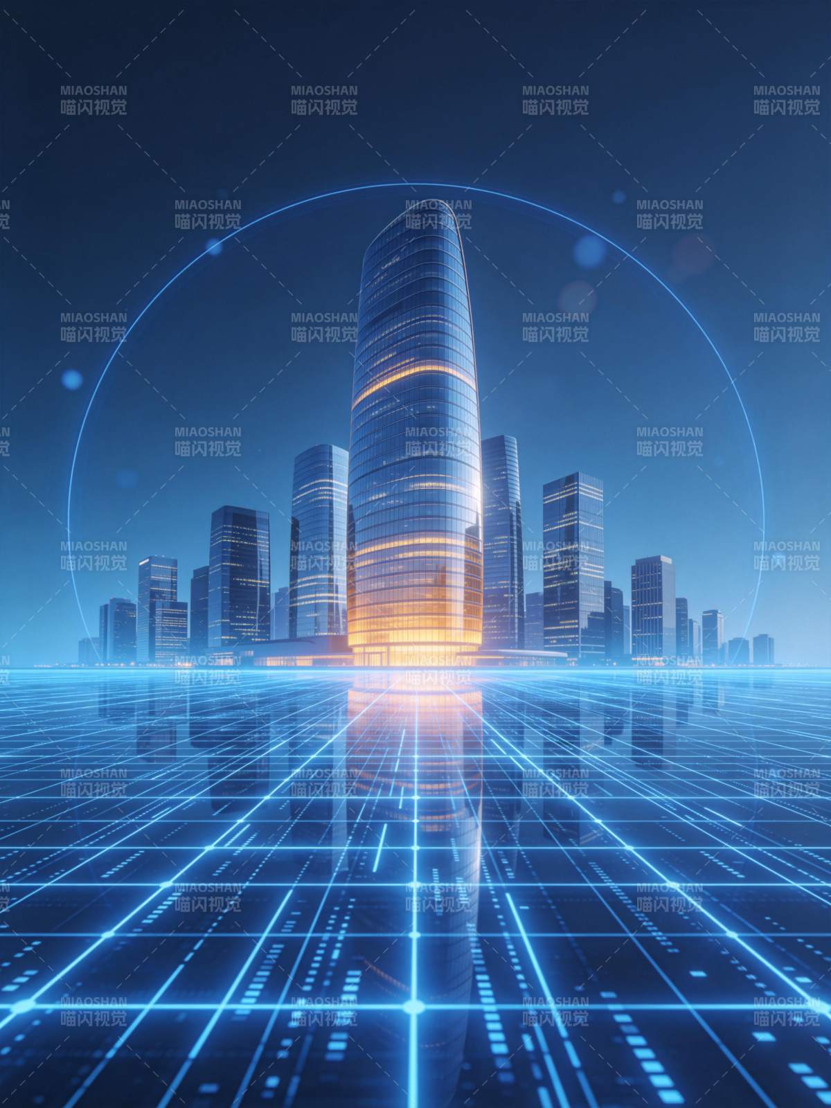 未来科技感城市建筑群与数字网格地面图片