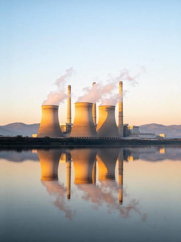 冷却塔群在水面倒影中的工业景观图片