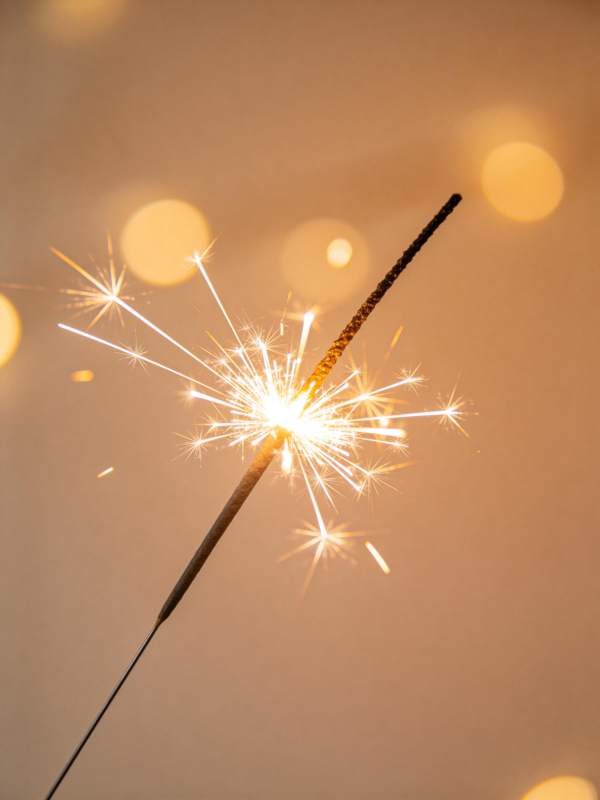 点燃的烟花棒发出明亮火花光点图片