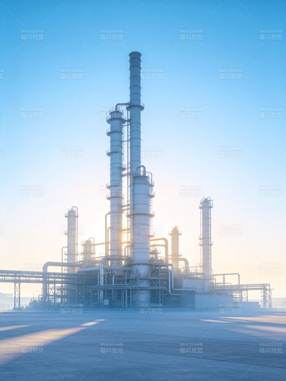大型工业炼化装置在晨光中矗立运行图片