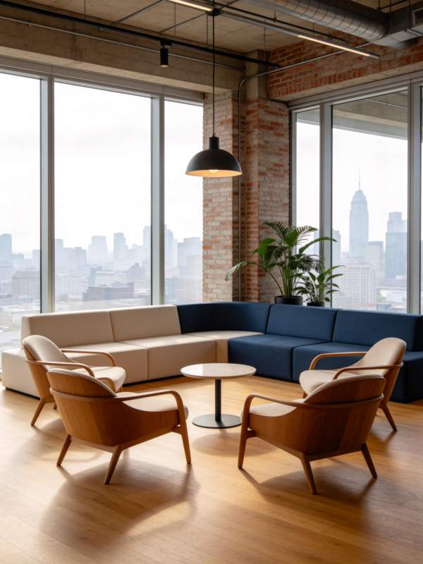 现代办公空间内木质家具与砖墙玻璃窗组合场图片