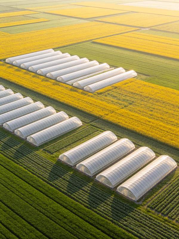 农田中整齐排列的塑料大棚与彩色作物带图片