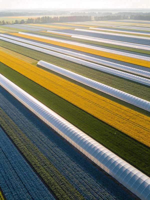 航拍彩色农田与塑料大棚交错排列景观图片