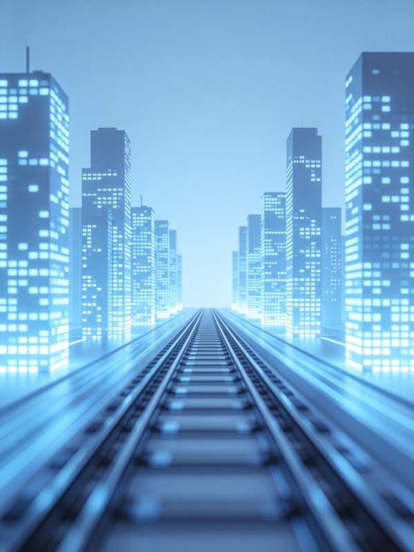 蓝色夜景中延伸的铁轨与高楼群图片