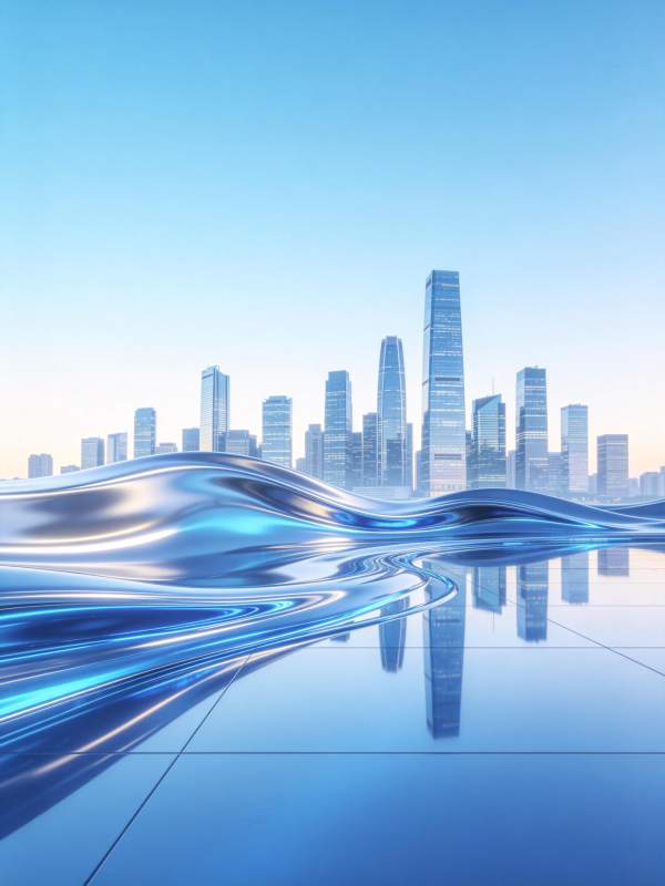 蓝色流体波浪与现代城市天际线倒影图片