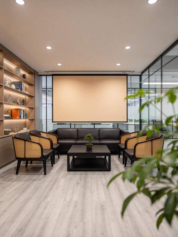 现代办公室休息区配备沙发茶几与投影幕布图片