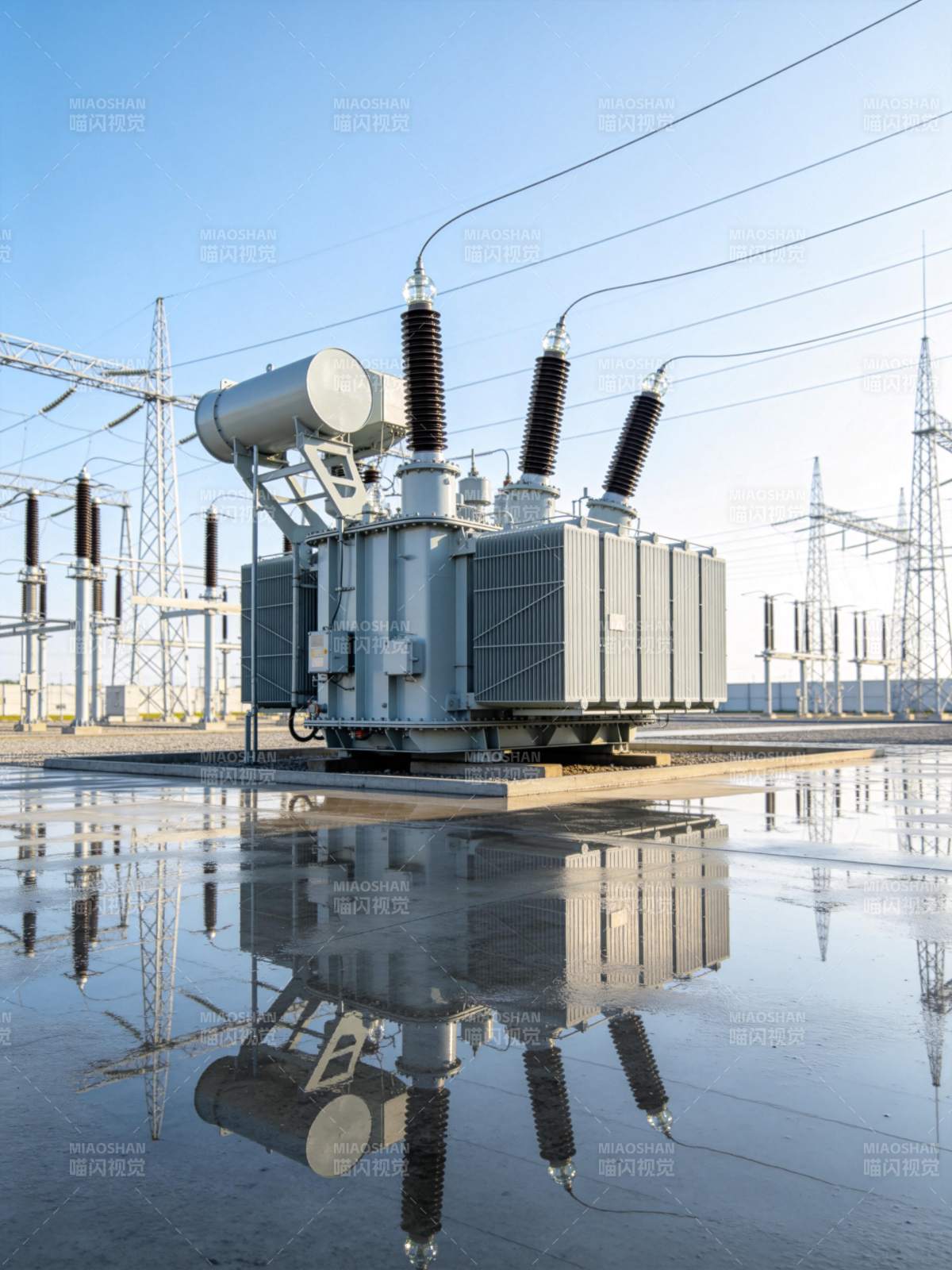 变电站大型电力变压器及倒影实景图片