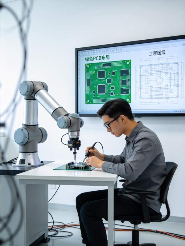 工程师操作机械臂进行电路板焊接作业图片
