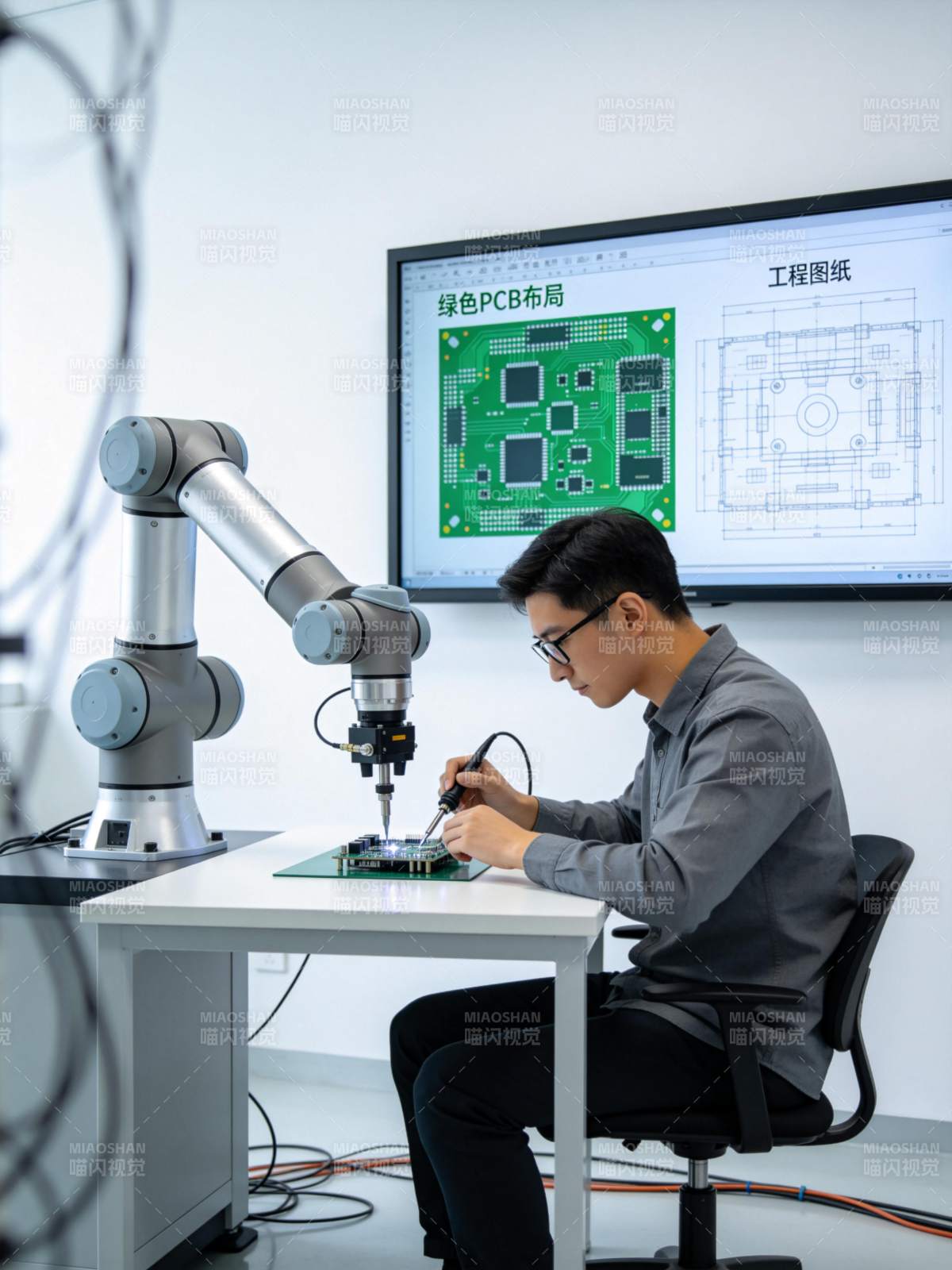 工程师操作机械臂进行电路板焊接作业图片