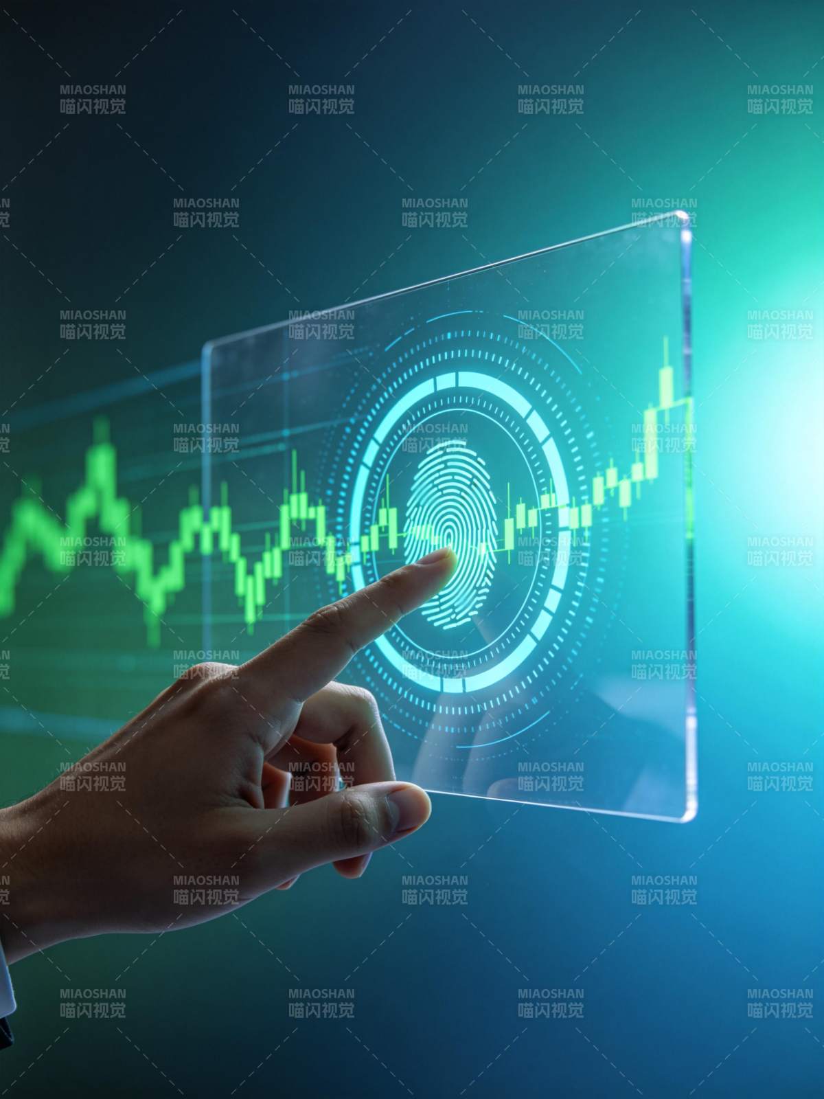 手指触控透明屏幕显示指纹与股市曲线图片