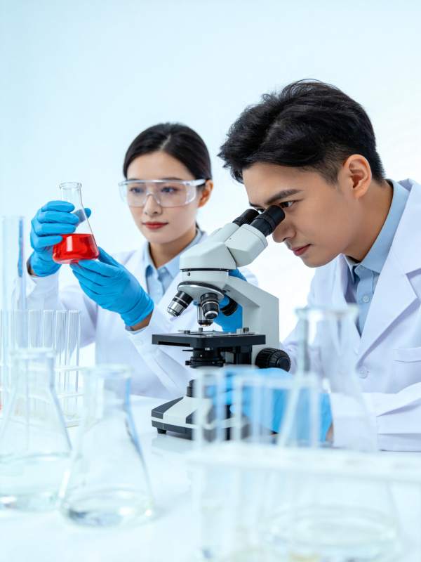 科研人员在实验室使用显微镜观察红色液体样图片