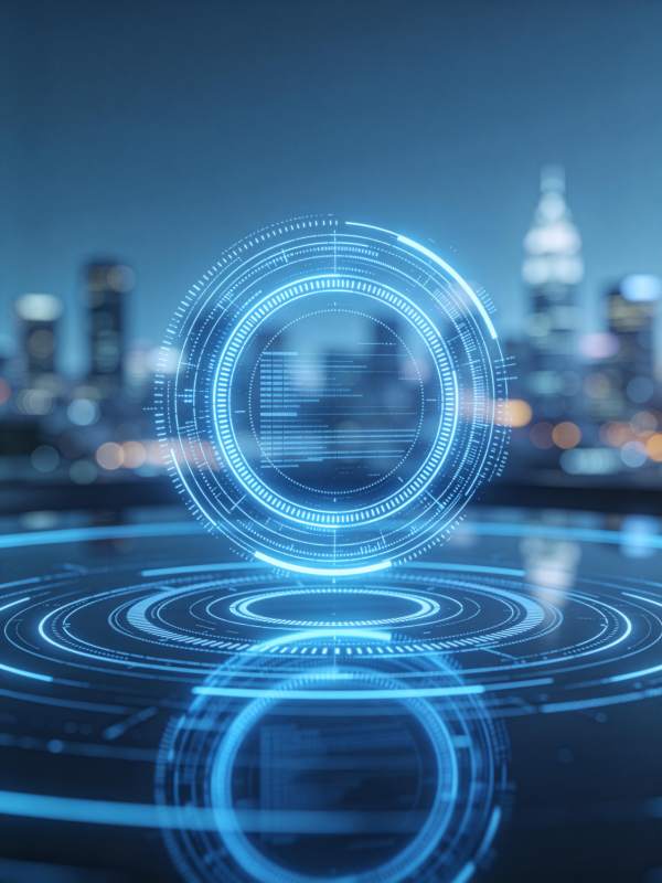 蓝色全息界面悬浮于城市夜景之上图片