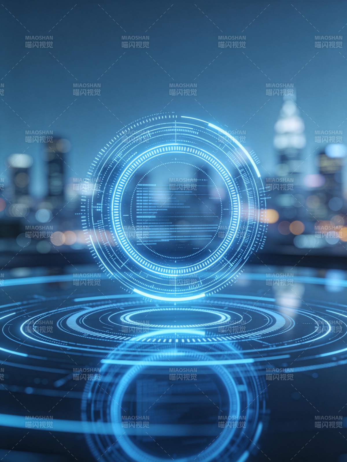 蓝色全息界面悬浮于城市夜景之上图片