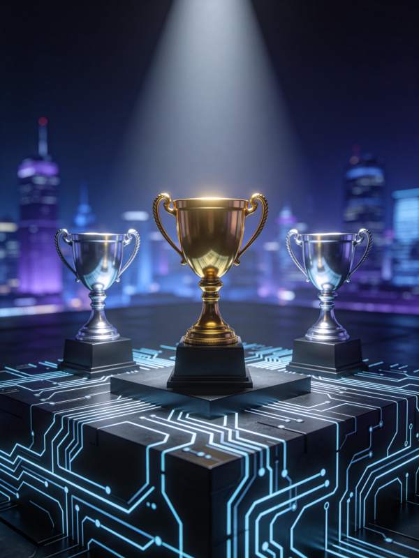 金色奖杯置于电路板基座上灯光聚焦图片