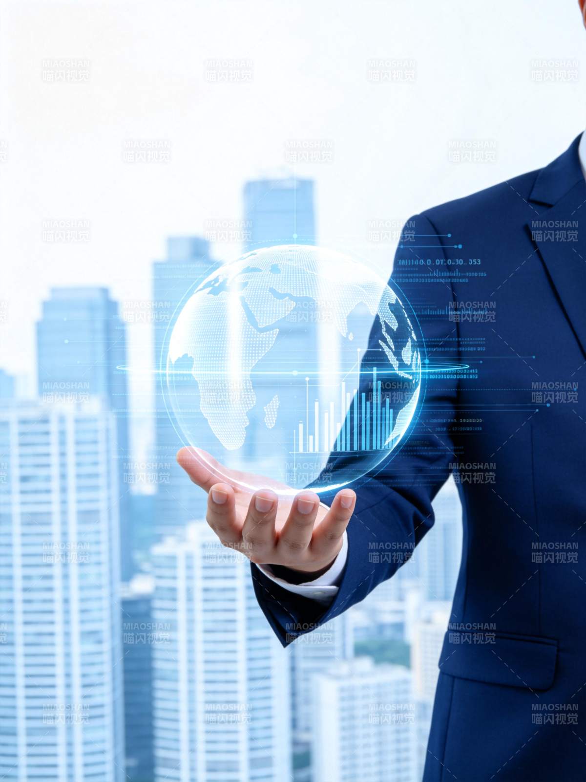商务人士托举全息地球与数据图表图片