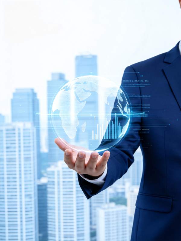 商务人士托举全息地球与数据图表图片