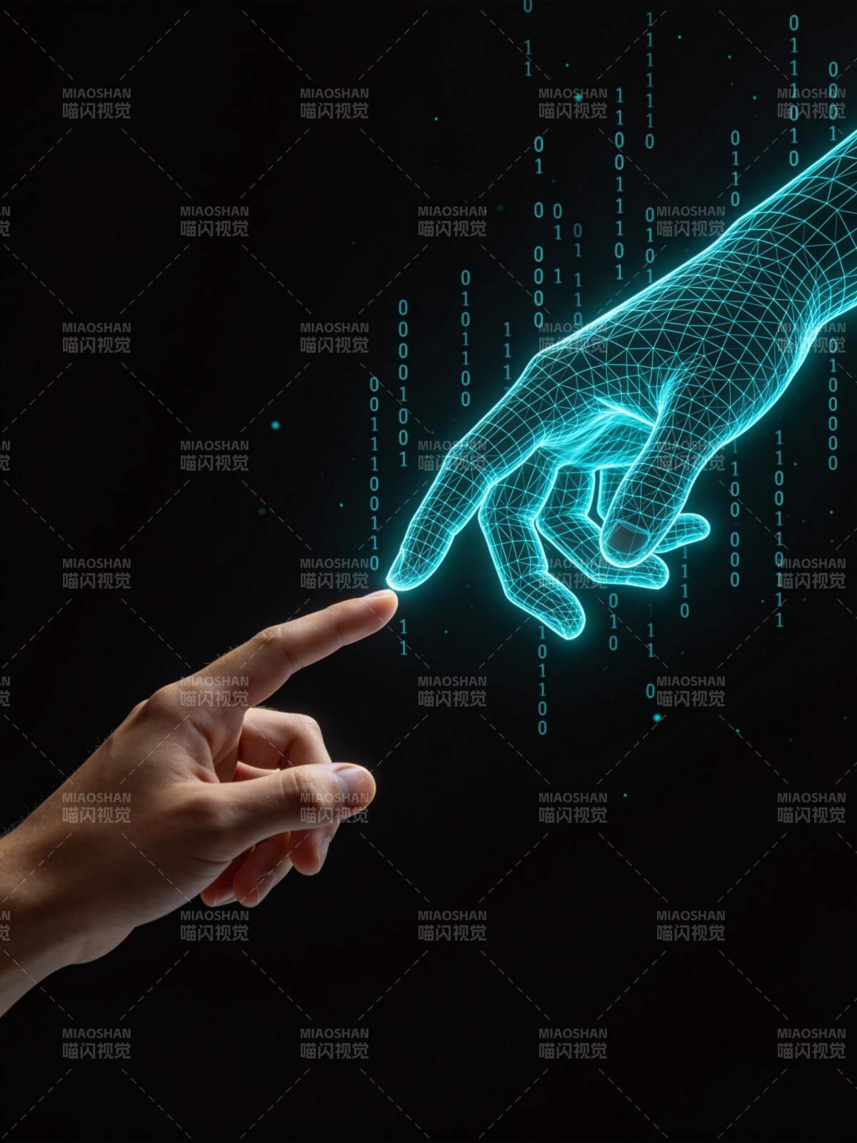 人手触碰数字网格手与二进制代码交互图片