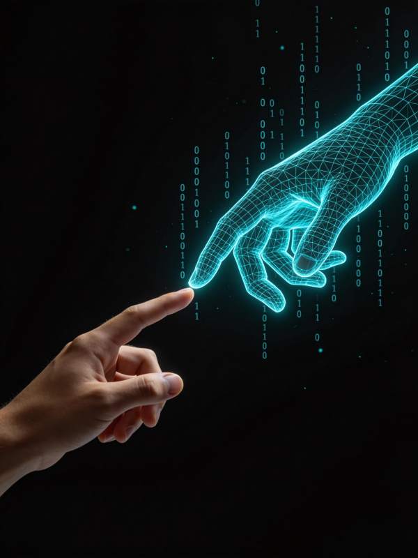 人手触碰数字网格手与二进制代码交互图片