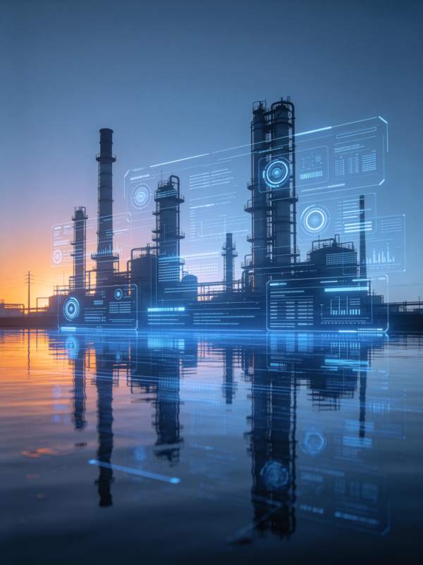 工业厂区叠加蓝色全息数据界面倒影图片