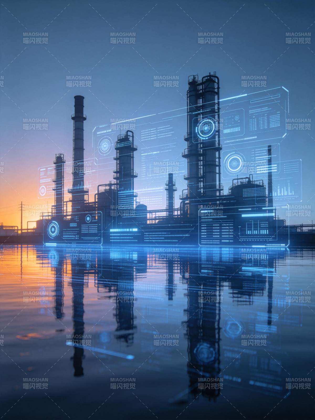 工业厂区叠加蓝色全息数据界面倒影图片