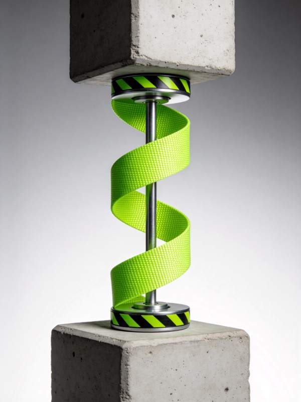 绿色螺旋带缠绕金属杆的混凝土结构装置图片