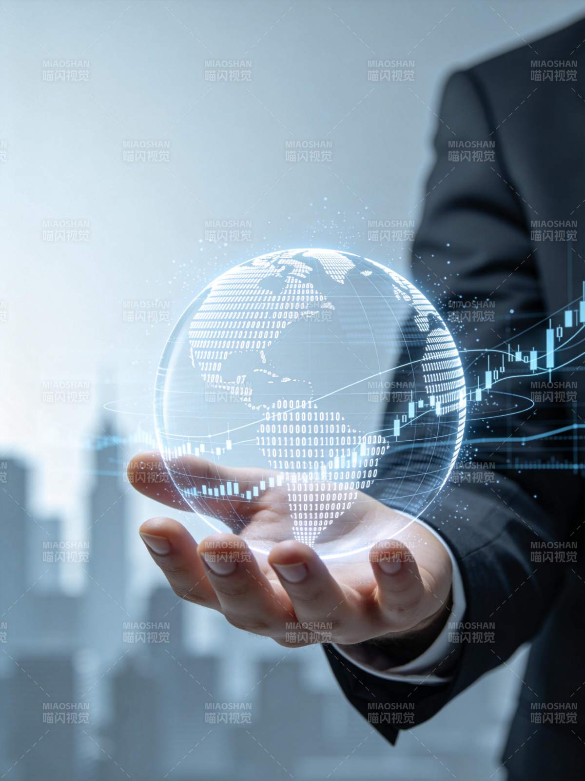 商务人士托举数字地球与数据图表图片