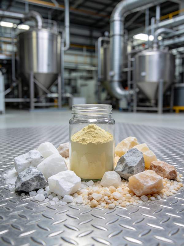 工业厂房内矿物原料与粉末样品展示图片